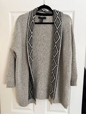 Forever 21 Gray Open-Front Cardigan with Black Patterned Trim